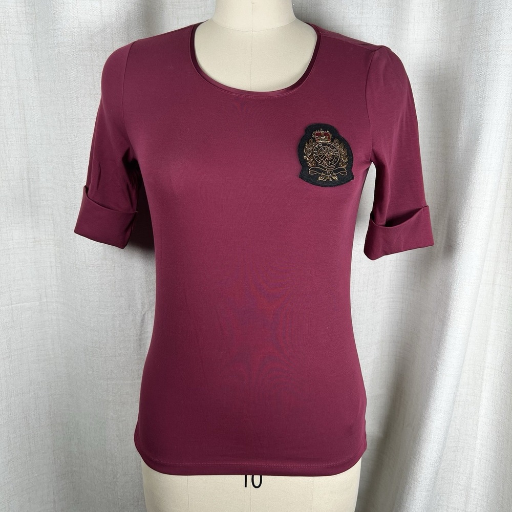 Lauren Ralph Lauren Bullion Stretch Cotton Top Crest Patch Burgundy Medium